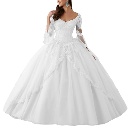 HUINI Ballkleider Lang Spitze Brautkleider Langarm Quinceanera Kleider V-Ausschnitt Prinzessin Hochzeitskleider Weiß 50 von HUINI