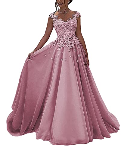 HUINI Ballkleider Lang Spitzen Formell Abendkleid Prinzessin A-Linie Hochzeitsgast Kleid Ärmellos Festkleid Baby pink 36 von HUINI