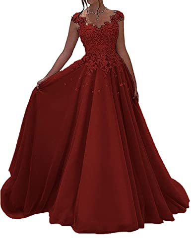 HUINI Ballkleider Lang Spitzen Formell Abendkleid Prinzessin A-Linie Hochzeitsgast Kleid Ärmellos Festkleid Burgund 38 von HUINI