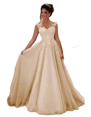 HUINI Ballkleider Lang Spitzen Formell Abendkleid Prinzessin A-Linie Hochzeitsgast Kleid Ärmellos Festkleid Champagner 34 von HUINI