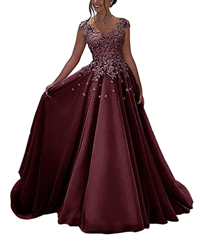 HUINI Ballkleider Lang Spitzen Formell Abendkleid Prinzessin A-Linie Hochzeitsgast Kleid Ärmellos Festkleid Dunkelrot 38 von HUINI