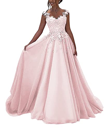 HUINI Ballkleider Lang Spitzen Formell Abendkleid Prinzessin A-Linie Hochzeitsgast Kleid Ärmellos Festkleid Hell rosa 46 von HUINI