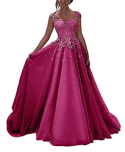 HUINI Ballkleider Lang Spitzen Formell Abendkleid Prinzessin A-Linie Hochzeitsgast Kleid Ärmellos Festkleid Hot pink 44 von HUINI