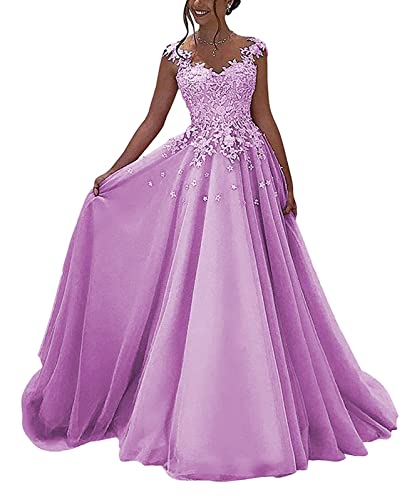 HUINI Ballkleider Lang Spitzen Formell Abendkleid Prinzessin A-Linie Hochzeitsgast Kleid Ärmellos Festkleid Lila 36 von HUINI