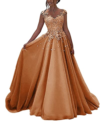 HUINI Ballkleider Lang Spitzen Formell Abendkleid Prinzessin A-Linie Hochzeitsgast Kleid Ärmellos Festkleid Orange 42 von HUINI