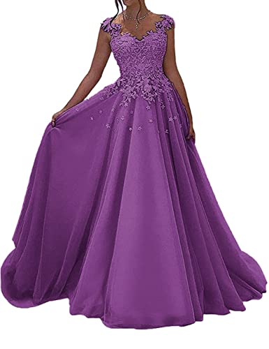 HUINI Ballkleider Lang Spitzen Formell Abendkleid Prinzessin A-Linie Hochzeitsgast Kleid Ärmellos Festkleid Purpur 38 von HUINI