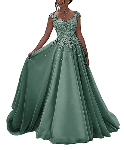 HUINI Ballkleider Lang Spitzen Formell Abendkleid Prinzessin A-Linie Hochzeitsgast Kleid Ärmellos Festkleid Salbei 32 von HUINI