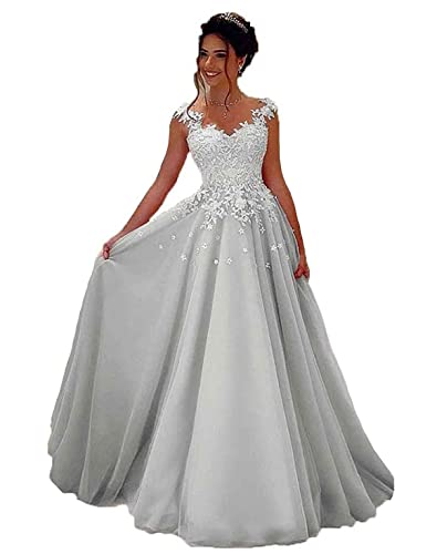 HUINI Ballkleider Lang Spitzen Formell Abendkleid Prinzessin A-Linie Hochzeitsgast Kleid Ärmellos Festkleid Silber 42 von HUINI