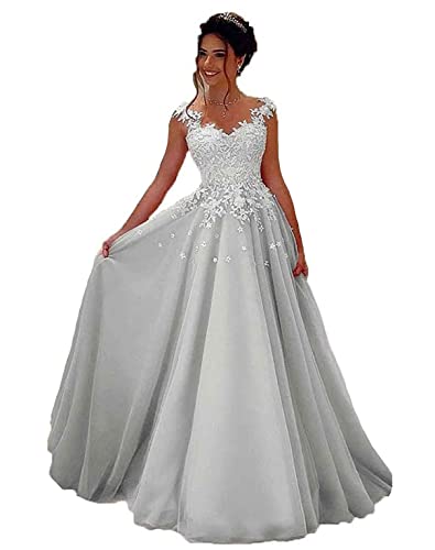 HUINI Ballkleider Lang Spitzen Formell Abendkleid Prinzessin A-Linie Hochzeitsgast Kleid Ärmellos Festkleid Silber 44 von HUINI