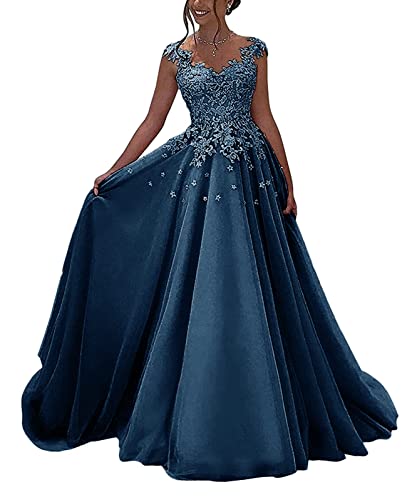 HUINI Ballkleider Lang Spitzen Formell Abendkleid Prinzessin A-Linie Hochzeitsgast Kleid Ärmellos Festkleid Tintenblau 34 von HUINI