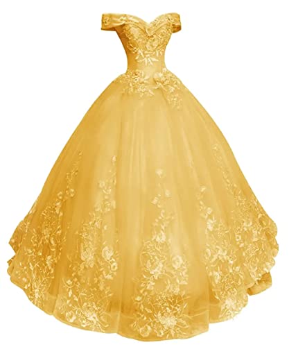 HUINI Ballkleider Lang Vintage Brautkleid Hochzeitskleid Damen Prinzessin A-Linie Abendkleid Quinceanera Kleider Gold US20W von HUINI