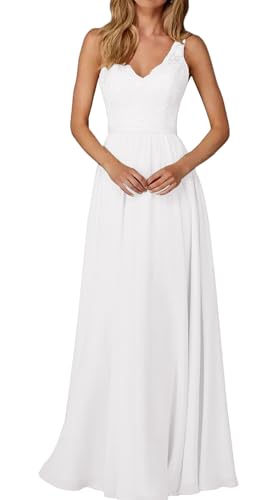 HUINI Ballkleider Lange A-Linie Abendkleid Hochzeitskleider Chiffon Spitze Brautjungfernkleider Damen Elegante Ballkleider Party Mutterkleider Weiß 42 von HUINI