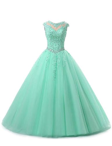 HUINI Ballkleider Tüll Lang A-Linie Abendkleider Quinceanera Kleider Ärmellose Prinzessin Abschlussballkleider Aqua 50 von HUINI