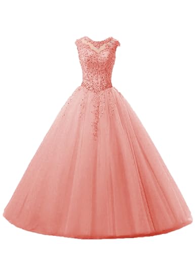 HUINI Ballkleider Tüll Lang A-Linie Abendkleider Quinceanera Kleider Ärmellose Prinzessin Abschlussballkleider Heller Pfirsich 50 von HUINI