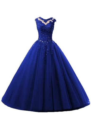 HUINI Ballkleider Tüll Lang A-Linie Abendkleider Quinceanera Kleider Ärmellose Prinzessin Abschlussballkleider Königsblau 38 von HUINI