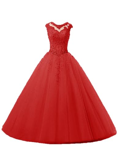 HUINI Ballkleider Tüll Lang A-Linie Abendkleider Quinceanera Kleider Ärmellose Prinzessin Abschlussballkleider Rot 44 von HUINI