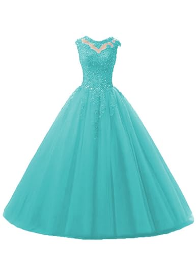 HUINI Ballkleider Tüll Lang A-Linie Abendkleider Quinceanera Kleider Ärmellose Prinzessin Abschlussballkleider Türkis 36 von HUINI