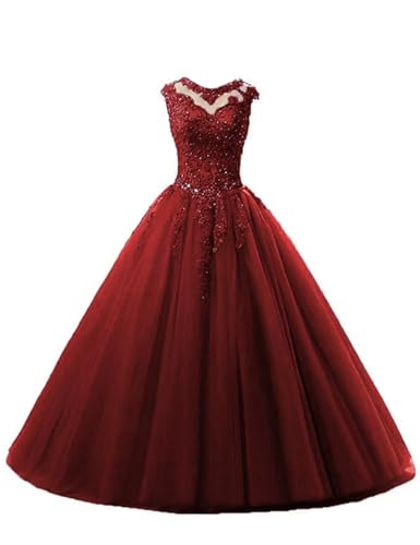 HUINI Ballkleider Tüll Lang A-Linie Abendkleider Quinceanera Kleider Ärmellose Prinzessin Abschlussballkleider Weinrot 52 von HUINI