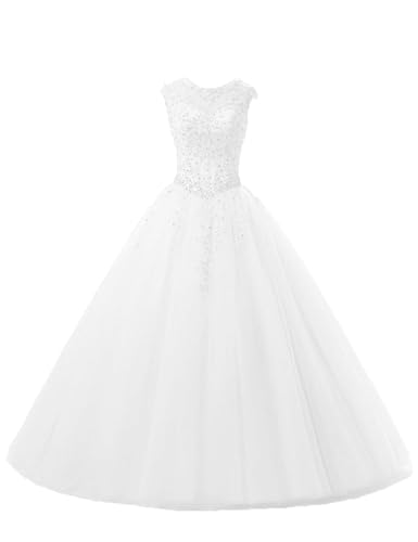 HUINI Ballkleider Tüll Lang A-Linie Abendkleider Quinceanera Kleider Ärmellose Prinzessin Abschlussballkleider Weiß 46 von HUINI