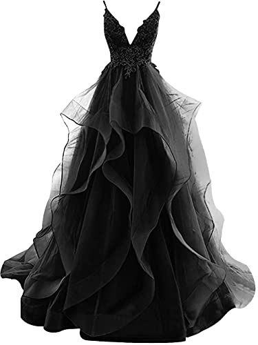 HUINI Ballkleider Tüll Retro Abendkleid Lang Spitzenkleid A-Linie Prinzessin Abschlussballkleid Spaghettiträger Partykleid Schwarz 40 von HUINI