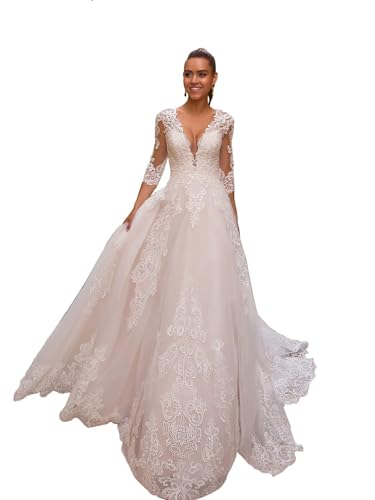 HUINI Beach Boho Hochzeitskleid - V-Ausschnitt ärmellos A-Linie Hochzeit Zeremonie Damen Brautkleider C-Weiß 46 von HUINI