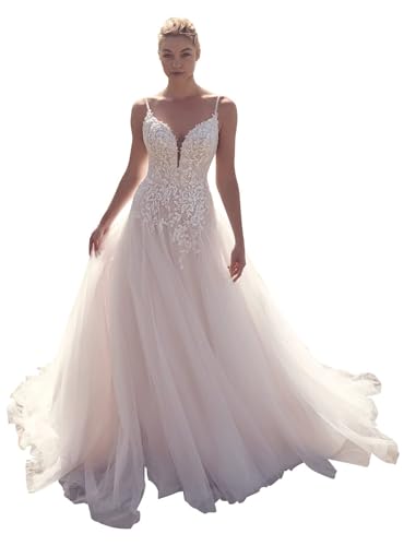 HUINI Beach Boho Hochzeitskleid - V-Ausschnitt ärmellos A-Linie Hochzeit Zeremonie Damen Brautkleider D-Weiß 36 von HUINI