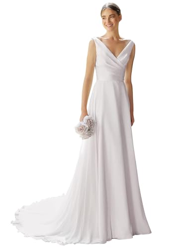 HUINI Beach Boho Hochzeitskleid - V-Ausschnitt ärmellos A-Linie Hochzeit Zeremonie Damen Brautkleider E-Weiß 40 von HUINI