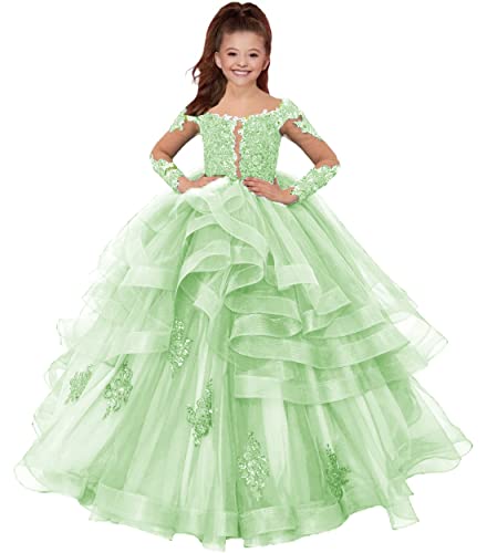 HUINI Blumenmädchen Kleid Lang Tülle Prinzessin Ballkleid Kinder Hochzeitskleid Langarm Festliche Partykleid Hell Salbei 8 Jahre von HUINI