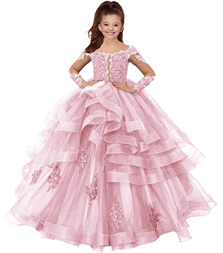 HUINI Blumenmädchen Kleid Lang Tülle Prinzessin Ballkleid Kinder Hochzeitskleid Langarm Festliche Partykleid Pink 8 Jahre von HUINI