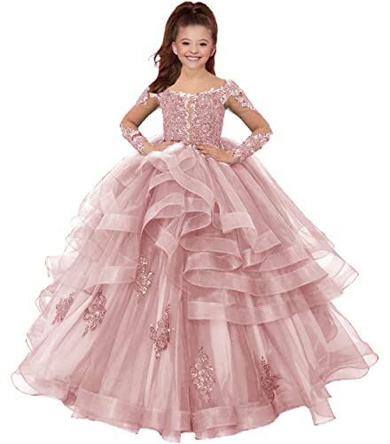 HUINI Blumenmädchen Kleider Lang Spitzen Hochzeit Kleid für Kinder Prinzessin Hochzeitsfeier Ballkleid Blush 4 Jahre von HUINI