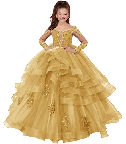 HUINI Blumenmädchen Kleider Lang Spitzen Hochzeit Kleid für Kinder Prinzessin Hochzeitsfeier Ballkleid Gold 10 Jahre von HUINI