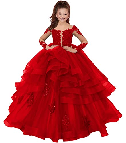 HUINI Blumenmädchen Kleider Lang Spitzen Hochzeit Kleid für Kinder Prinzessin Hochzeitsfeier Ballkleid Rot 10 Jahre von HUINI