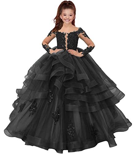 HUINI Blumenmädchen Kleider Lang Spitzen Hochzeit Kleid für Kinder Prinzessin Hochzeitsfeier Ballkleid Schwarz 10 Jahre von HUINI