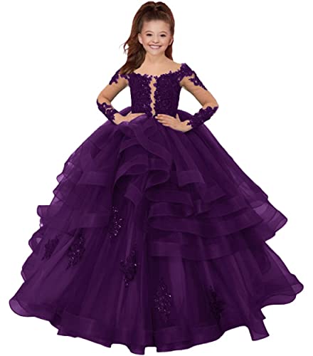 HUINI Blumenmädchen Kleider Lang Spitzen Hochzeit Kleid für Kinder Prinzessin Hochzeitsfeier Ballkleid Violett 10 Jahre von HUINI