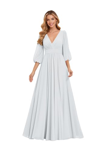 HUINI Brautjungfer Kleid Lang Schlicht - Falten Chiffon Ballkleider für Hochzeit Party Weiß 48 von HUINI