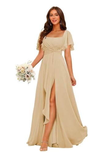HUINI Brautjungfer Kleid mit Schlitz Lang Chiffon Kurzarm Formales Hochzeitsgast Kleid Große Größen Champagner 36 von HUINI
