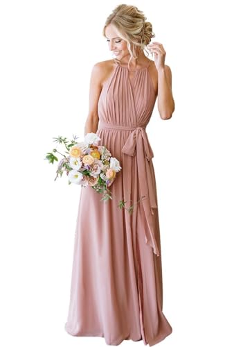 HUINI Brautjungfernkleid Lang Chiffon Hochzeit Gast Kleid für Damen Neckholder A-Linie Maxikleid mit Schlitz Altrosa 46 von HUINI