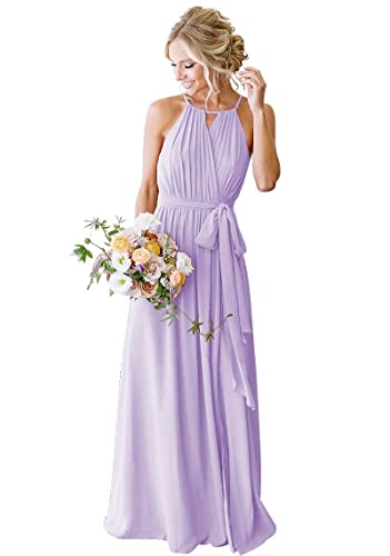 HUINI Brautjungfernkleid Lang Chiffon Hochzeit Gast Kleid für Damen Neckholder A-Linie Maxikleid mit Schlitz Lila 32 von HUINI