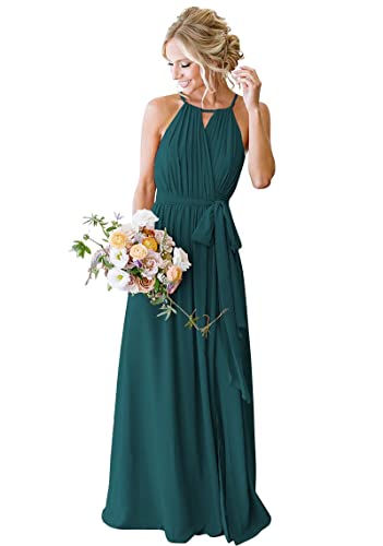 HUINI Brautjungfernkleid Lang Chiffon Hochzeit Gast Kleid für Damen Neckholder A-Linie Maxikleid mit Schlitz Pfau 46 von HUINI