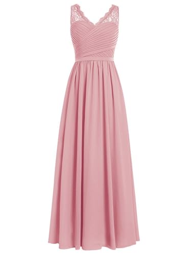 HUINI Brautjungfernkleider Lang A-Linie Chiffon Ballkleider V-Ausschnitt Ärmellos Abendkleider Hochzeit Kleider Blush 44 von HUINI