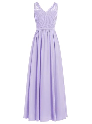 HUINI Brautjungfernkleider Lang A-Linie Chiffon Ballkleider V-Ausschnitt Ärmellos Abendkleider Hochzeit Kleider Flieder 38 von HUINI