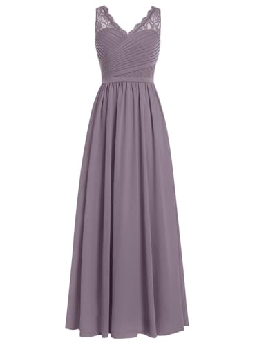 HUINI Brautjungfernkleider Lang A-Linie Chiffon Ballkleider V-Ausschnitt Ärmellos Abendkleider Hochzeit Kleider Mauve 34 von HUINI
