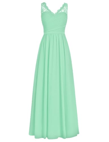 HUINI Brautjungfernkleider Lang A-Linie Chiffon Ballkleider V-Ausschnitt Ärmellos Abendkleider Hochzeit Kleider Mintgrün 40 von HUINI