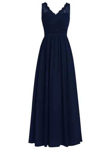 HUINI Brautjungfernkleider Lang A-Linie Chiffon Ballkleider V-Ausschnitt Ärmellos Abendkleider Hochzeit Kleider Navy Blau 42 von HUINI