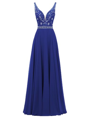 HUINI Brautjungfernkleider Lang Damen Chiffon Abendkleider Hochzeitskleider V-Ausschnitt Ballkleider Übergrößen Königsblau 52 von HUINI
