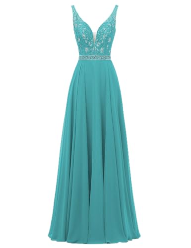 HUINI Brautjungfernkleider Lang Damen Chiffon Abendkleider Hochzeitskleider V-Ausschnitt Ballkleider Übergrößen Türkis 54 HUINI Brautjungfernkleider Lang Damen Chiffon Abendkleider Hochzeitskleider V-Ausschnitt Ballkleider Übergrößen Türkis 54 von HUINI