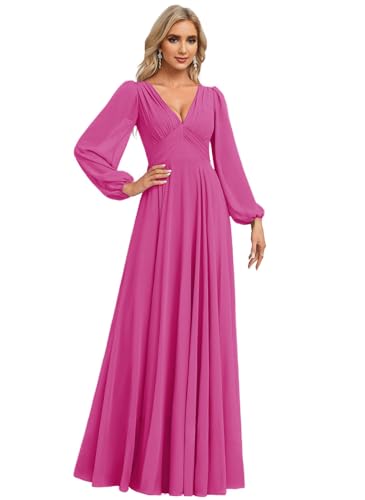 HUINI Brautjungfernkleider Lang mit Ärmel - Chiffon Elegant Abendkleid Hochzeitskleid für Damen Hell Fuchsie 46 von HUINI