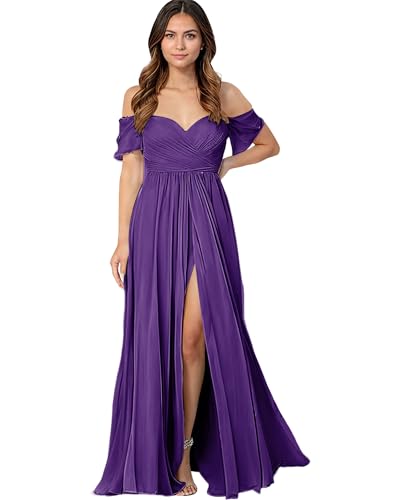 HUINI Brautjungfernkleider Lang mit Schlitz - Formell Abendkleider Hochzeit Partykleid Große Größen Violett 44 von HUINI