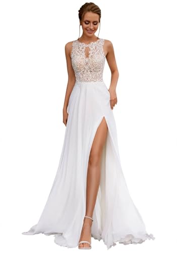 HUINI Brautkleid Lang A-Linie Boho Hochzeitskleid für Damen Standesamt Strand Brautmode Maxikleid B-Elfenbein 42 von HUINI