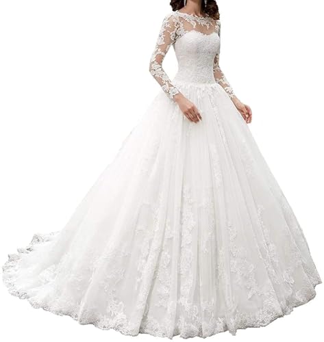 HUINI Brautkleid Langarm Hochzeitskleid A-Linie Prinzessin Spitze Tüll Strand Brautmode Kleid 2025 Weiß 42 von HUINI